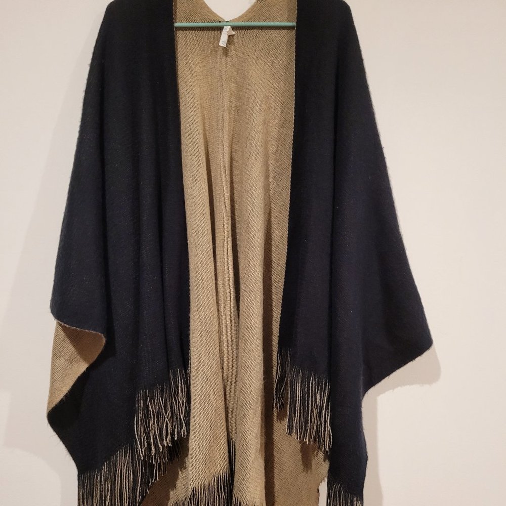 Vintage Soft Acrylic Fringed Cape Sweater in Black and Tan